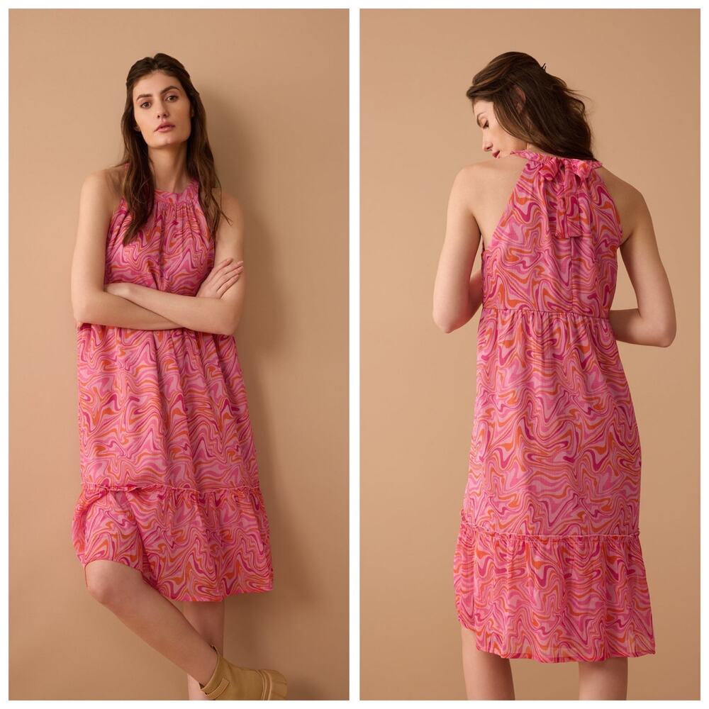 Bohera Goldie Mod Halter Dress Pink Swirl Ruffle Wedding Guest Sleeveless- Small